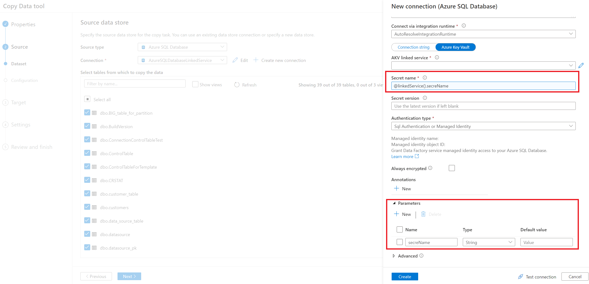 Select parameterized linked service