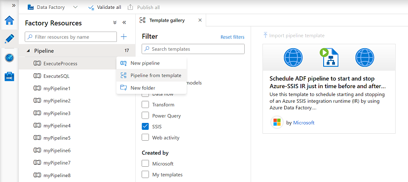 Screenshot that shows selections for creating a pipeline from a template.