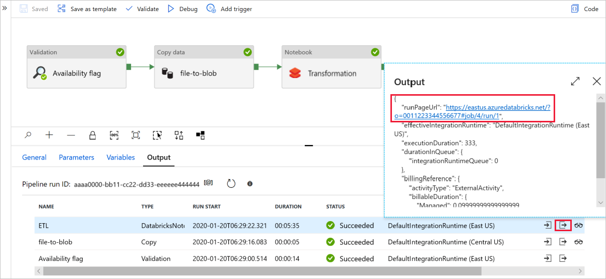 Link to Databricks logs from output