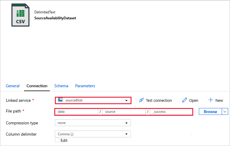 Selections for linked service and file path for SourceAvailabilityDataset