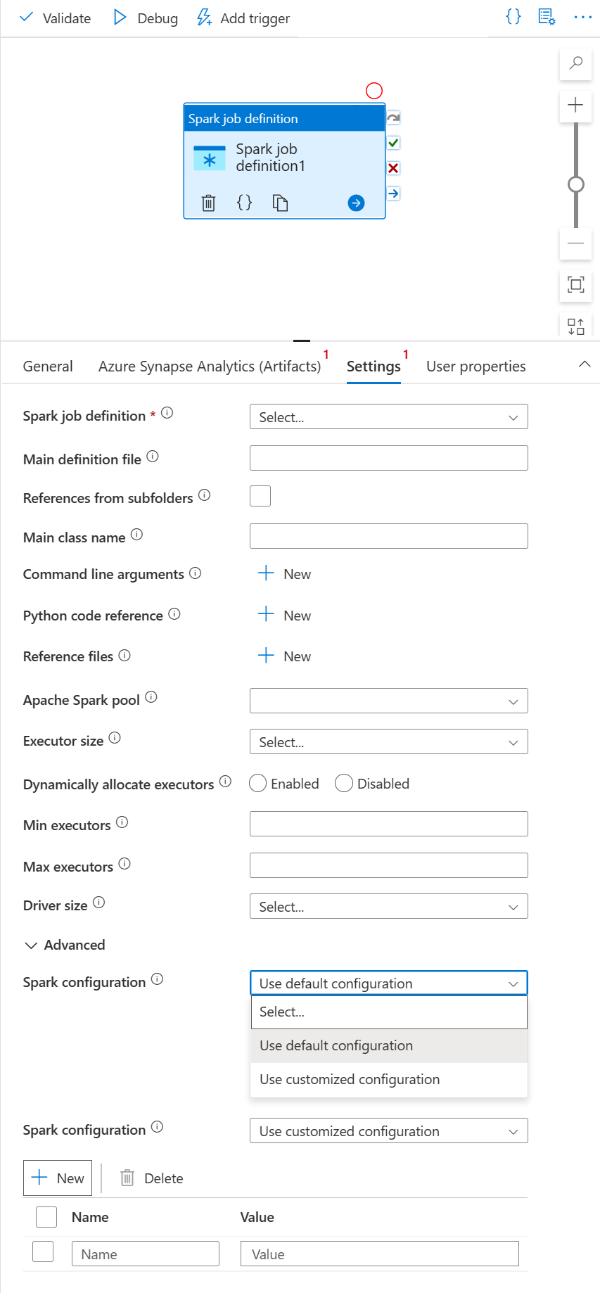 Screenshot that shows the UI for the spark job definition activity.