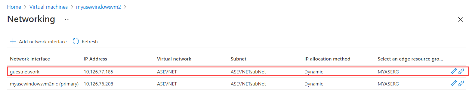 Screenshot of the Networking blade for a virtual machine. The entry for a newly created virtual machine is highlighted.