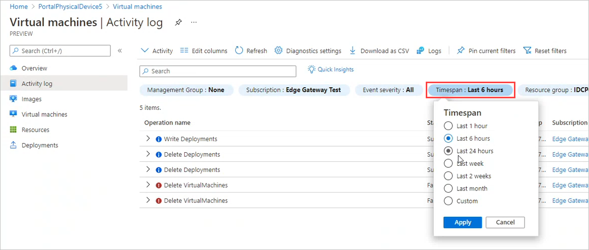 Screenshot showing the Timespan options on the Activity logs page for Virtual Machines. The selected time span is highlighted.