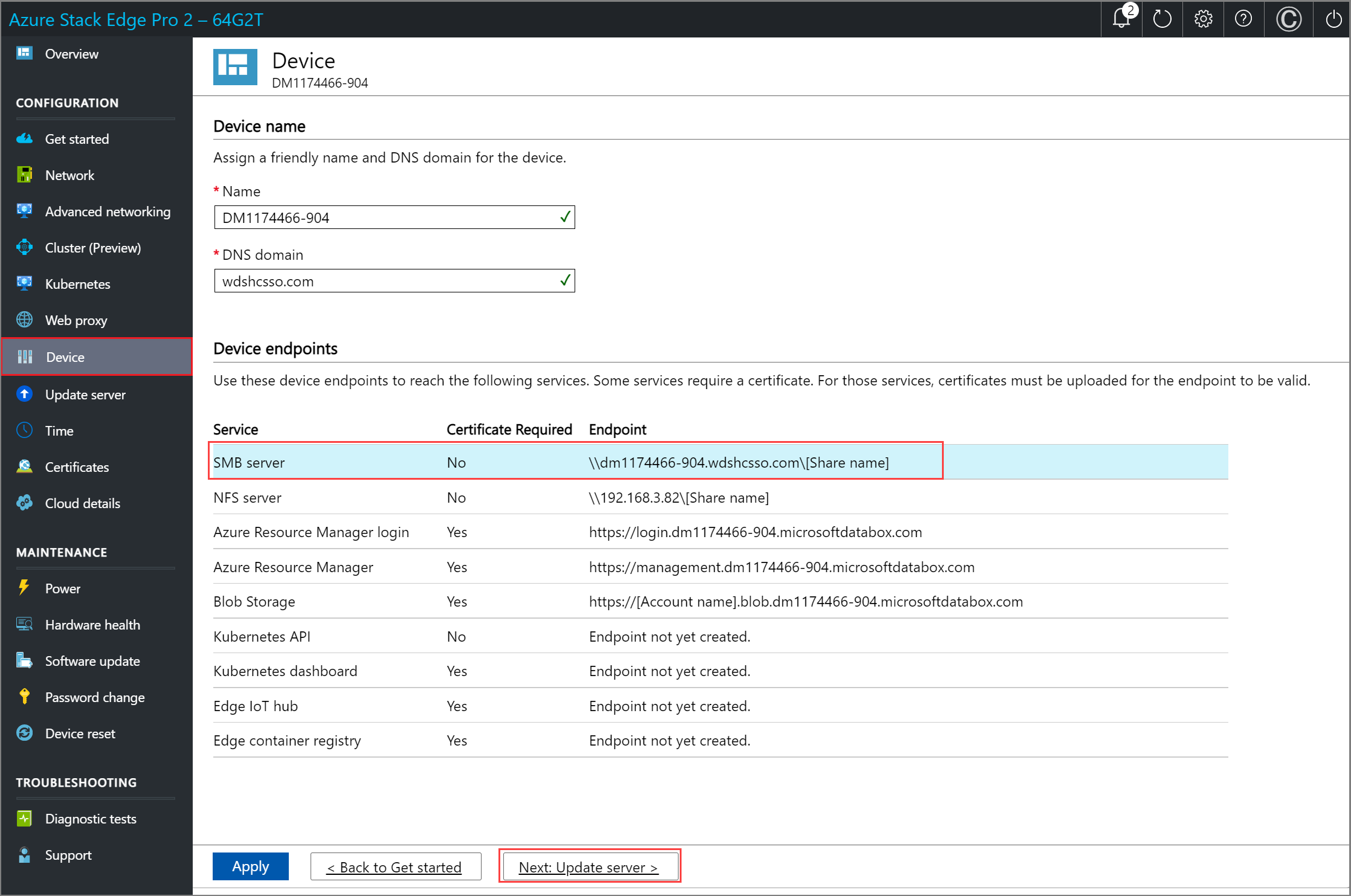 Screenshot of the Device page in the local web UI of an Azure Stack Edge device. The SMB server and Next: Update server > is highlighted.