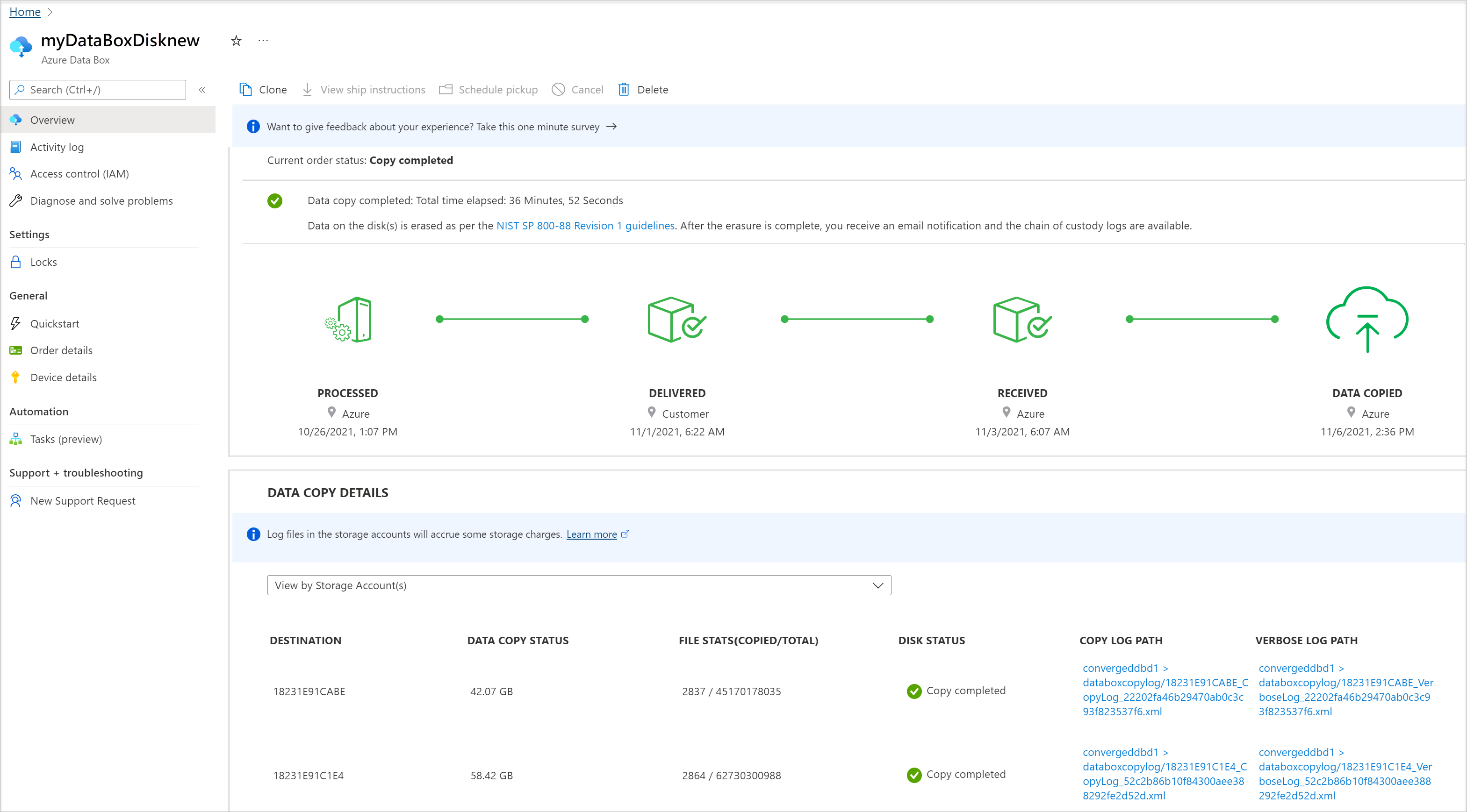 Screenshot of the Data Copy Details.