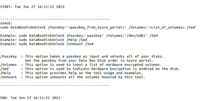 Screen capture displaying sample output from the Data Box Disk Unlock Utility help command.