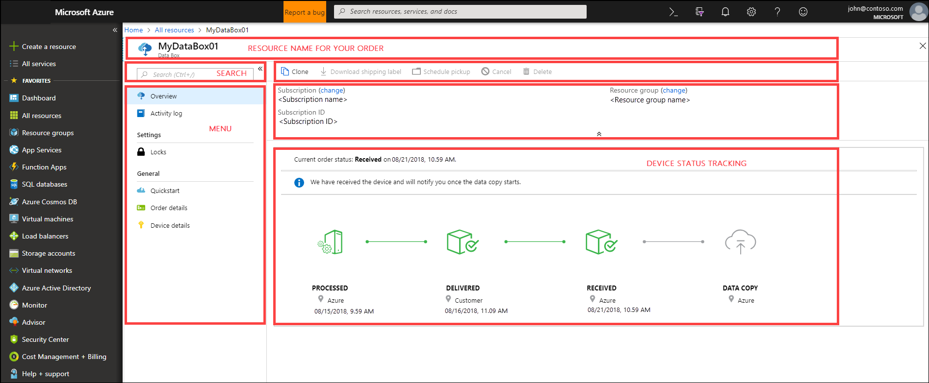 Screenshot of the Data Box service in Azure portal.