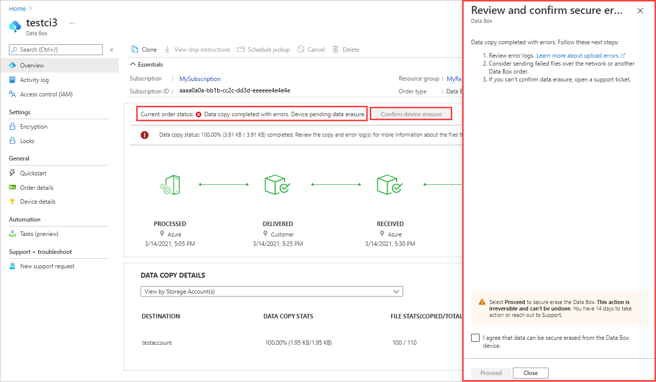 Screenshot of a Data Box order with retryable upload errors. TELL WHAT IS HIGHLIGHTED.