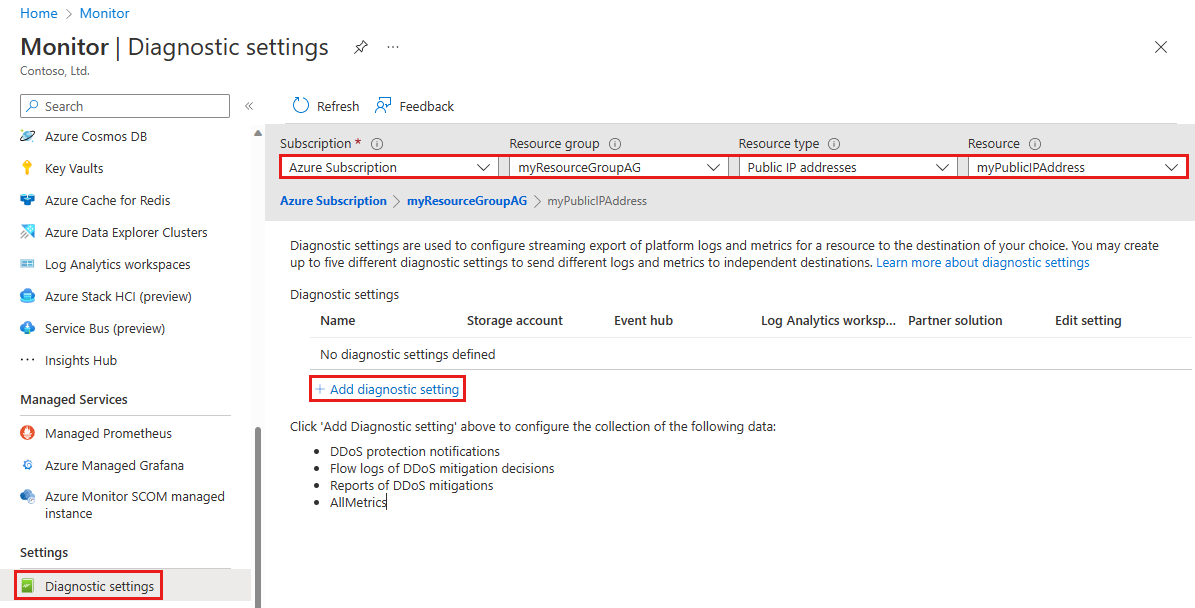 Screenshot of Monitor diagnostic settings.