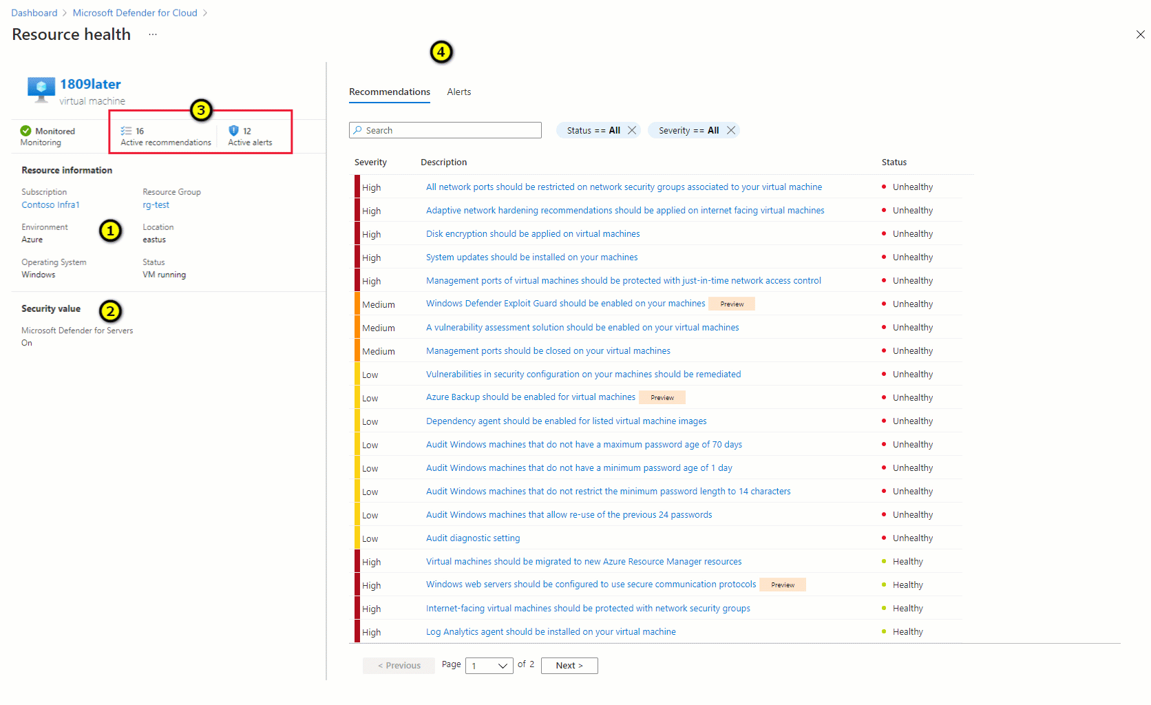 Azure Security Center's resource health page showing the health information for a virtual machine