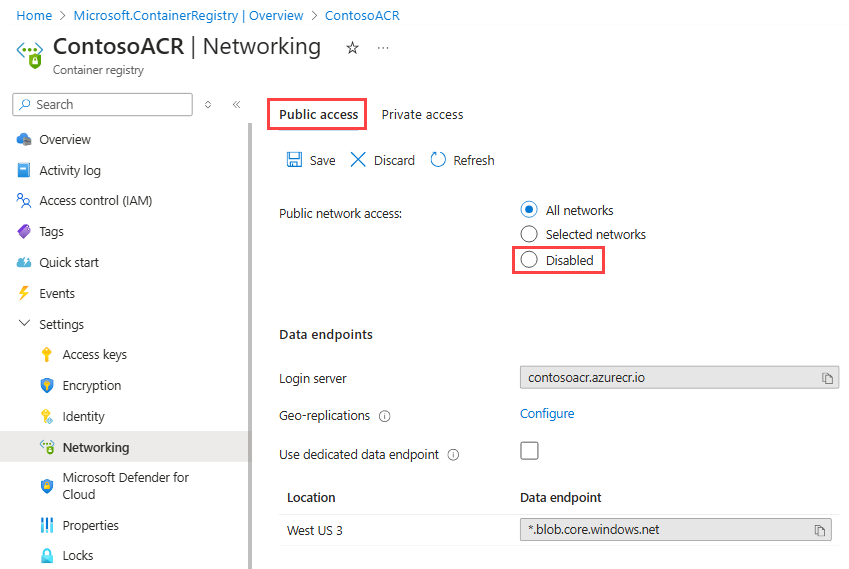 Screenshot of the Azure portal, showing the ACR network settings, with Public access and Disabled highlighted.