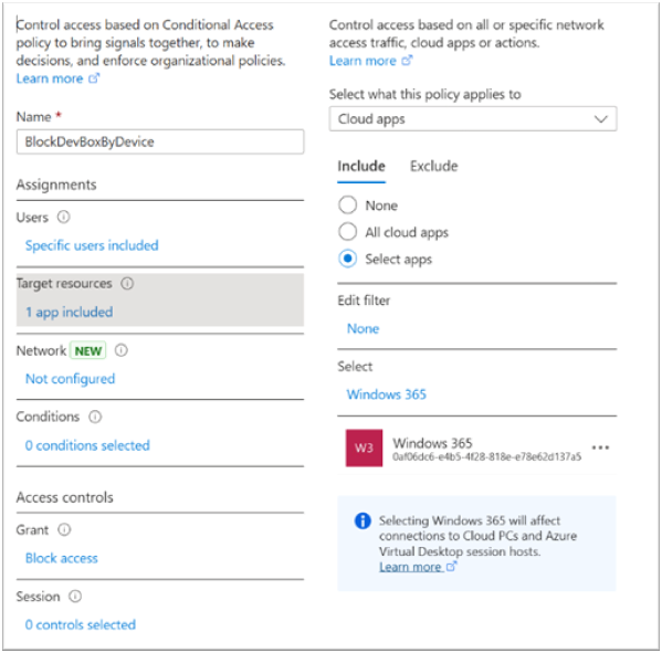 Screenshot showing the options for creating anew conditional access policy.