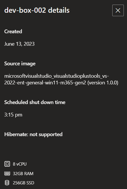 Screenshot of the dev box more information pane, showing creation date, dev center, dev box pool, and source image for the dev box.