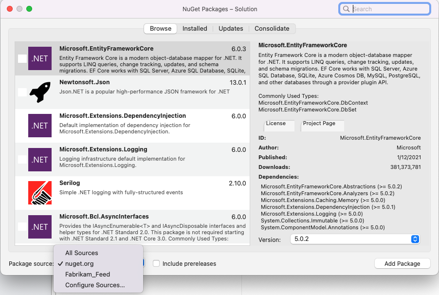 A screenshot showing how to search for packages in Visual Studio for Mac.