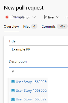 Screenshot of work item list produced when entering the symbol # in PR description.