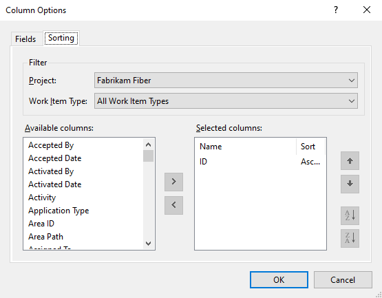 Screenshot shows Column Options dialog, Visual Studio, Sorting tab.