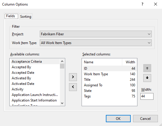 Screenshot shows Column Options dialog, Visual Studio, Fields tab.