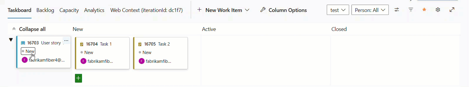 Animation of demo of automation rules for sprintboard, drag and drop child task activates, and then closes the parent user story on the board.