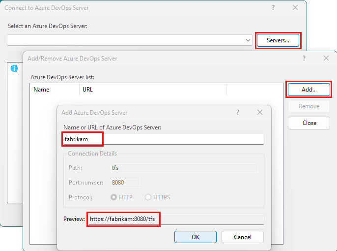 Screenshot shows the Connect to Azure Server dialogs, on-premises versions.