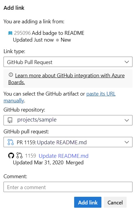 Screenshot of Add link action in user story, showing repository selection and empty boxes for input of pull request ID and optional comment.