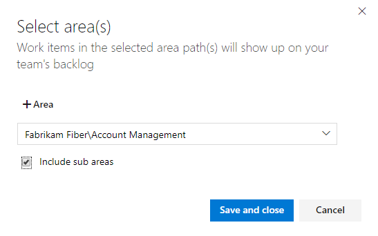 Screenshot shows Select areas for Account Management team.