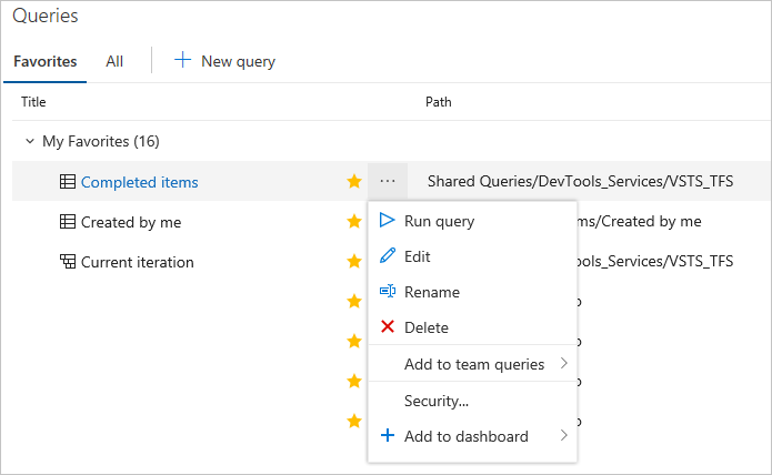 Screenshot of new query experience, Favorites page, query context menu.