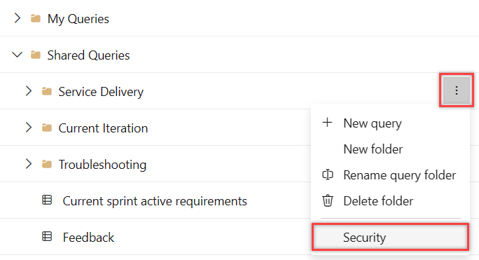 Screenshot of security selection for query folder.