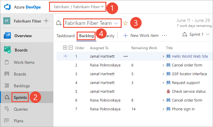 Screenshot shows where you can select Backlog in Azure Boards.