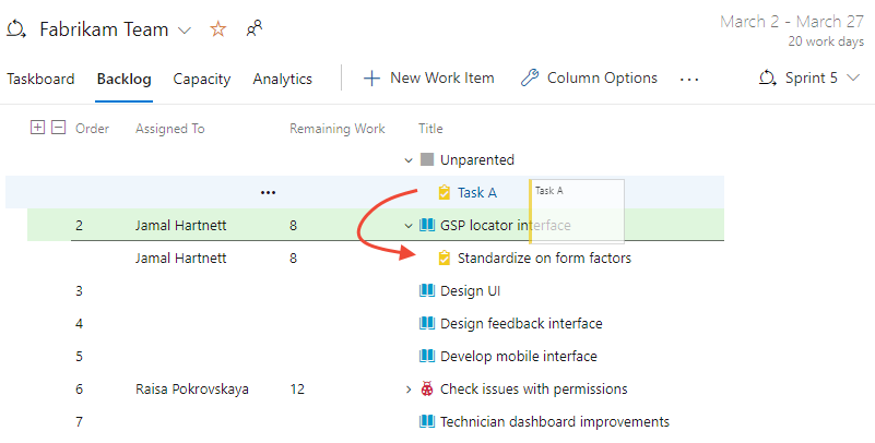 Screenshot shows Sprint backlog page, parent a task.