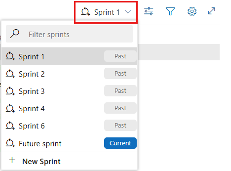 Screenshot shows the option to select another sprint in Azure Boards.