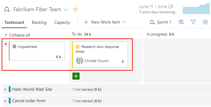 Screenshot shows Unparented tasks, agile Taskboard.