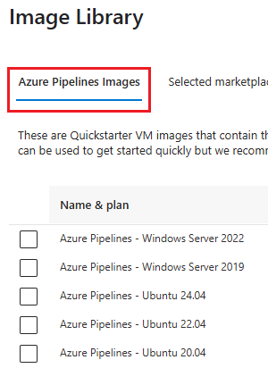 Screenshot of Azure Pipelines images.