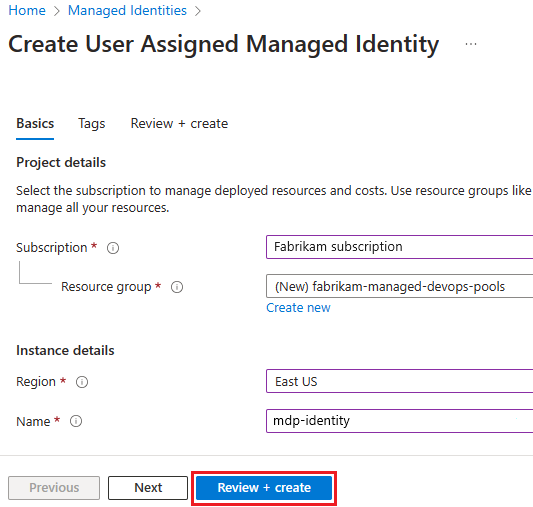 Screenshot of Create User Assigned Managed Identity window.