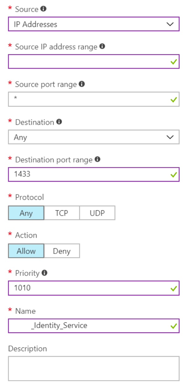 Screenshot of a completed inbound port rule configuration.