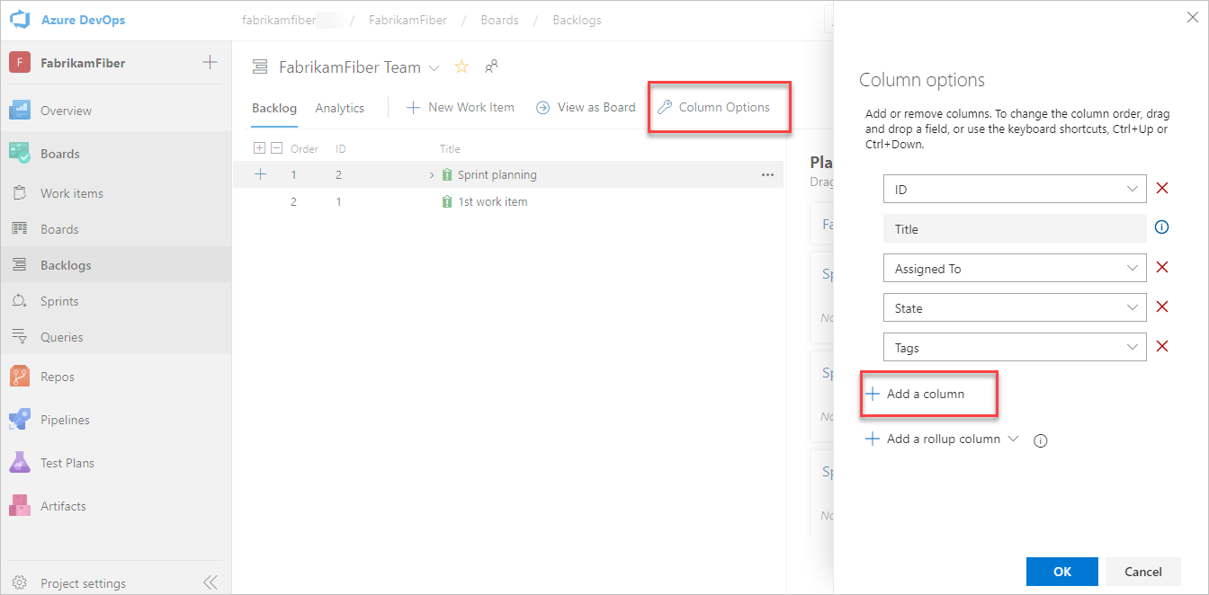 Screenshot shows added area path column to backlog.