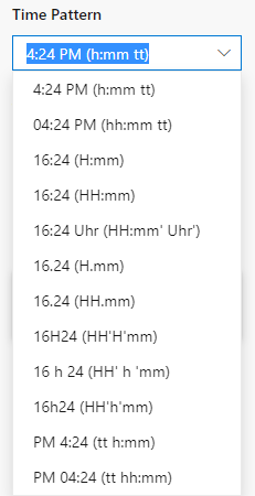 Screenshot that shows the Time Pattern dropdown options on the Time and Locale pane.