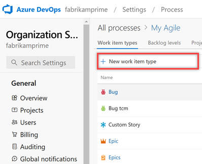 Process, Inherited process, Work Item Types, Add new work item type