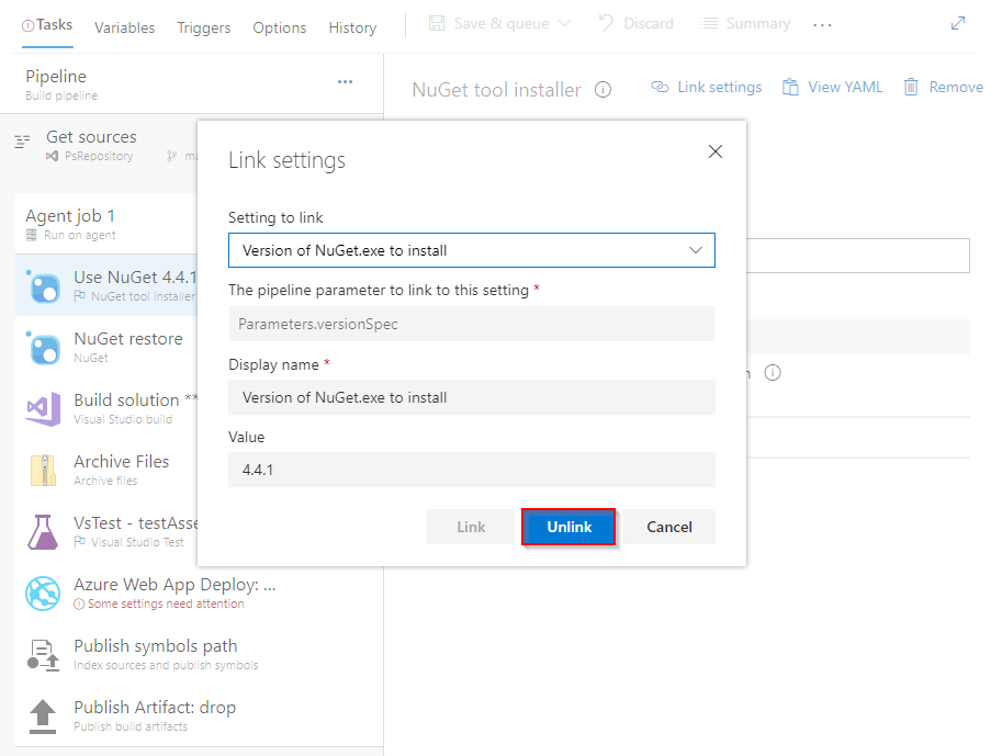 A screenshot showing how to unlink a single parameter in a classic pipeline.