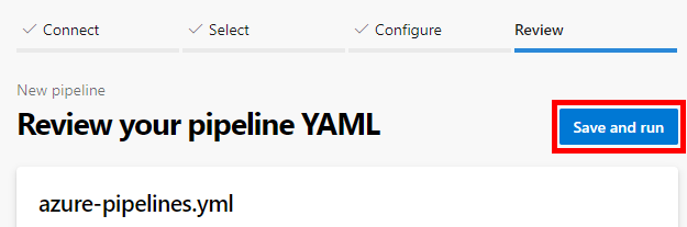 Screenshot of the Save and run button in a new YAML pipeline.