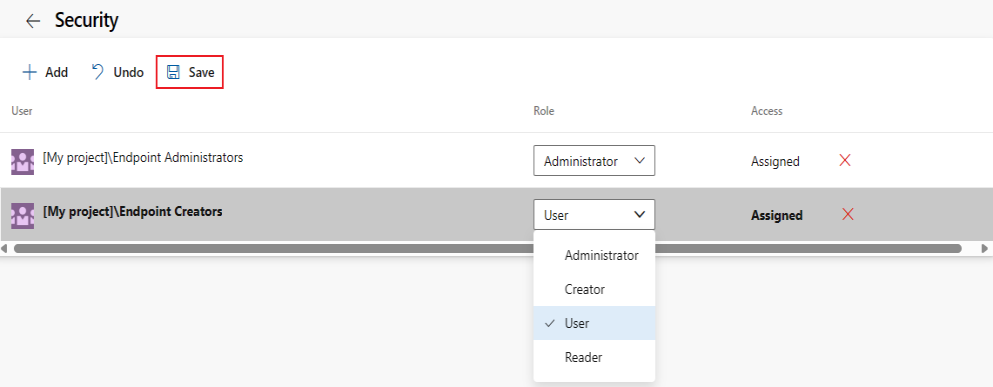 Screenshot of project-level service connections security dialog.