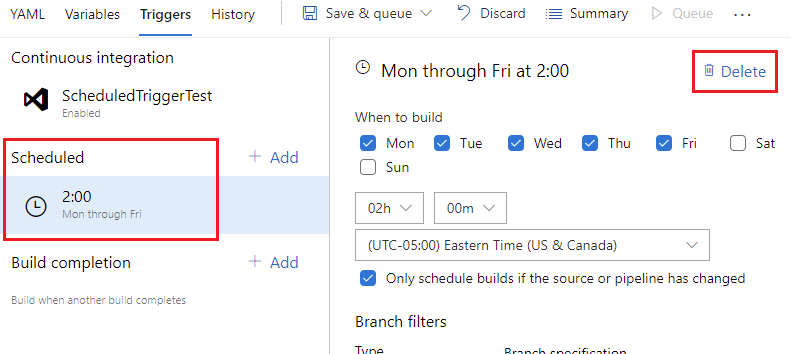 Delete scheduled triggers in the Pipeline settings UI.