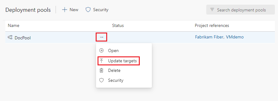 A screenshot showing how to update targets in deployment pools.