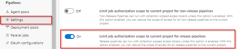 A screenshot that shows how to set the job authorization scope for the organization.