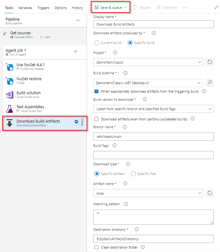 A screenshot displaying how to download artifacts from a triggering build in a Classic pipeline.