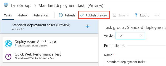 Screenshot that shows publishing a preview version of a task group.