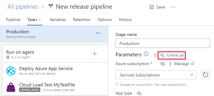 Screenshot that shows unlinking parameters for all tasks.