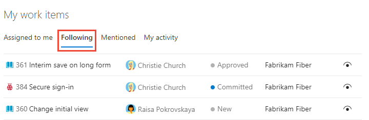 Screenshot of Inbox > Work items pane > Following.