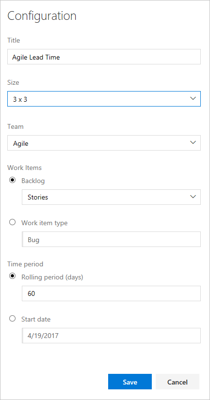 Screenshot of Configure dialog, Configure dialog, Lead Time widget, 2019 version.