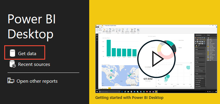 Screenshot of Power BI Desktop splash screen, Get data button.