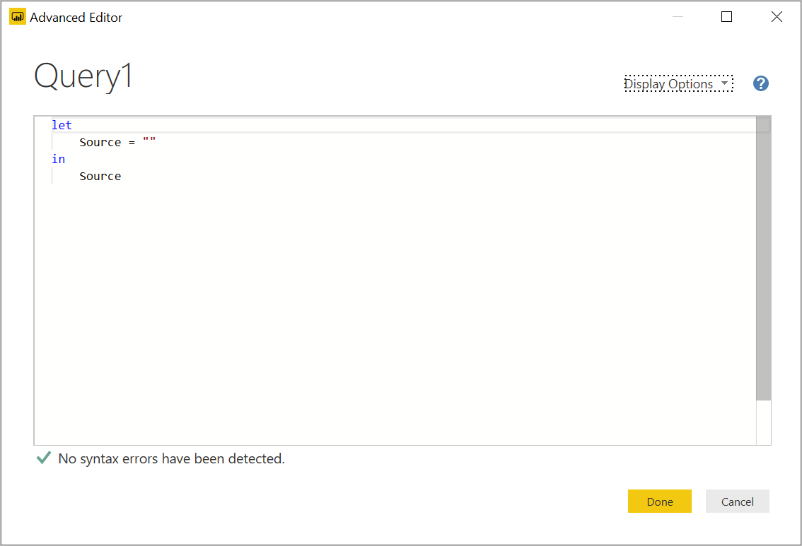 Screenshot of Power BI, Advanced Editor.